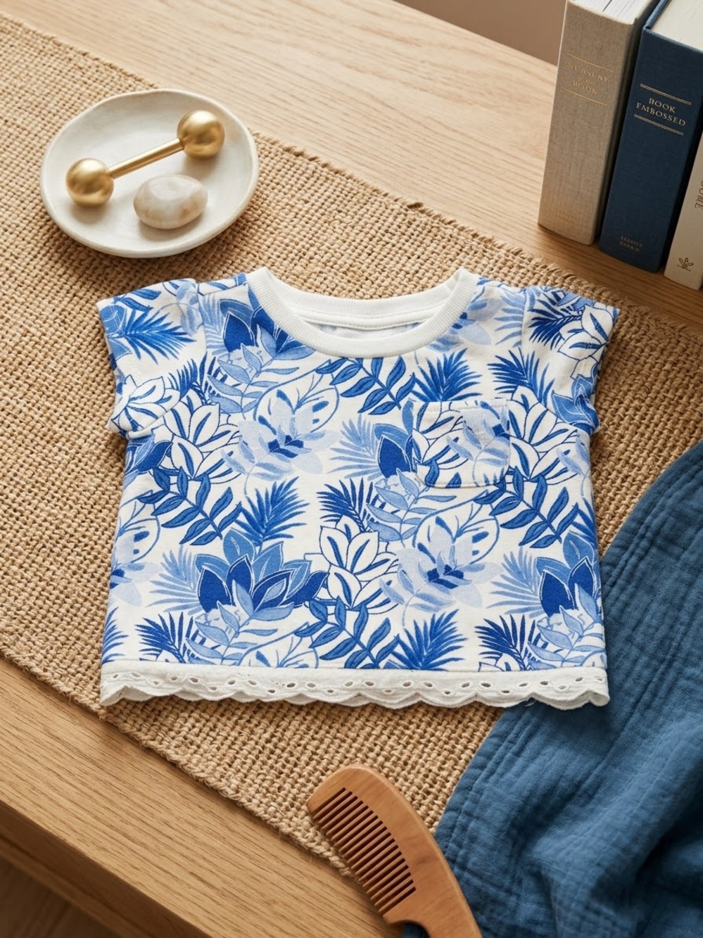 Janie & Jack Blue Tropical Print Girls' Tee with Eyelet Trim